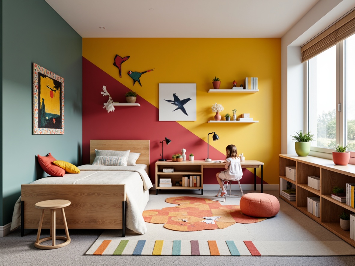 Prompt: Vibrant kids' room, bold color scheme, geometric shapes, wooden furniture, minimalist decor, functional storage units, sleek metal legs, colorful textiles, playful patterns, kid-friendly materials, ergonomic design, adjustable desk lamps, whimsical wall art, Bauhaus-inspired architecture, open shelving, built-in bookcases, cozy reading nooks, soft area rugs, natural wood accents, modern functionality, Scandinavian simplicity.