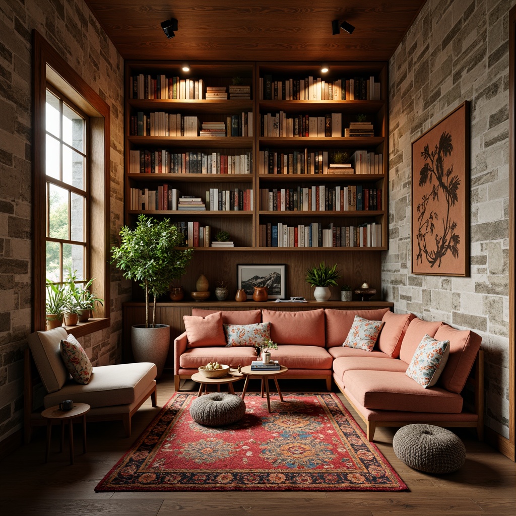 Prompt: Cozy reading nook, warm soft lighting, plush comfortable seating, wooden bookshelves, overflowing book collections, vibrant colorful rugs, natural stone walls, minimalist decorative accents, peaceful ambient atmosphere, intimate scale, 1/1 composition, shallow depth of field, realistic textures, soft warm color palette.