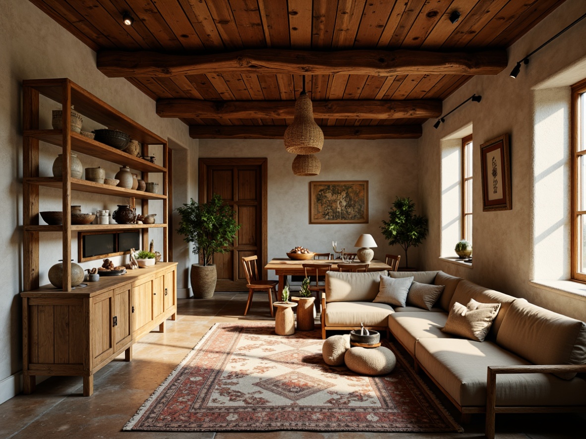 Prompt: Rustic wooden accents, handmade ceramics, woven textiles, natural fibers, earthy color palette, distressed finishes, vintage decorative items, cozy living spaces, intimate gathering areas, warm ambient lighting, soft shadows, shallow depth of field, 1/1 composition, realistic textures, ambient occlusion.