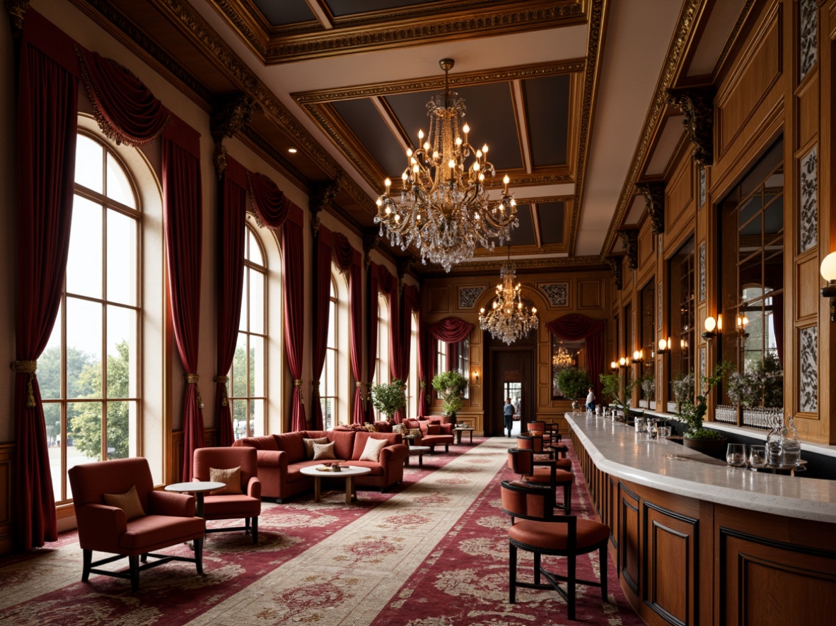 Prompt: Luxurious velvet drapes, ornate golden frames, rich wood paneling, crystal chandeliers, elegant marble countertops, sophisticated cocktail bars, plush lounge seating, intricate moldings, grandiose archways, dramatic ceiling heights, soft warm lighting, shallow depth of field, 3/4 composition, realistic textures, ambient occlusion, Neoclassicism-inspired architectural details, opulent furnishings, refined metallic accents, lavish decorations, nostalgic ambiance.