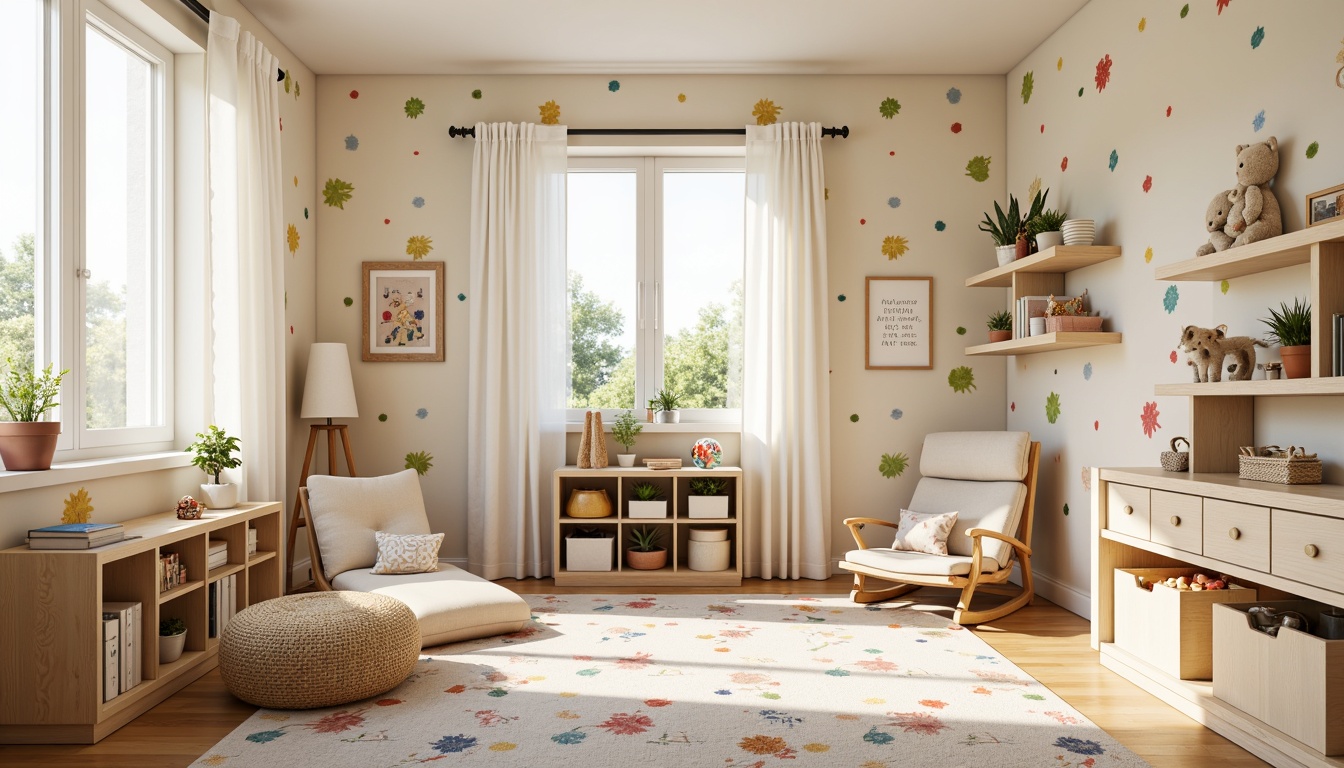 Prompt: Vibrant kids' room, bright wallpaper, playful polka dots, soft pastel hues, creamy whites, warm beige tones, colorful storage bins, whimsical wall art, educational alphabet decals, fun patterned rugs, cozy plush toys, natural wood furniture, modern minimalist shelves, airy curtains, sunny morning light, shallow depth of field, 1/1 composition, realistic textures, ambient occlusion.