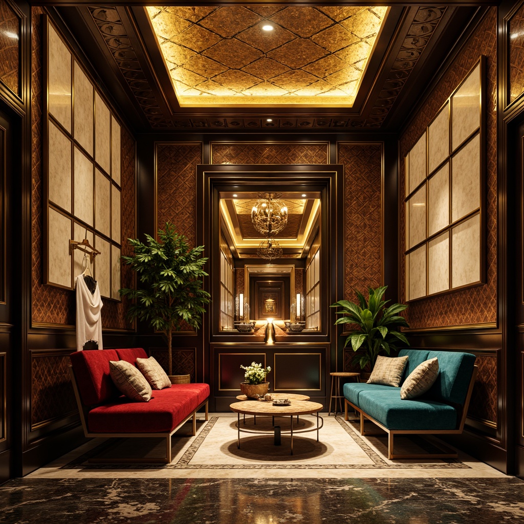 Prompt: Luxurious wall finishes, metallic accents, ornate patterns, geometric shapes, opulent materials, velvet fabrics, marble textures, glossy lacquer, chrome details, mirrored surfaces, bold color schemes, high-contrast lighting, dramatic shadows, 1920s-inspired motifs, lavish ornamentation, intricate moldings, sophisticated elegance, refined sophistication, cinematic ambiance, low-angle shot, warm golden lighting, shallow depth of field.