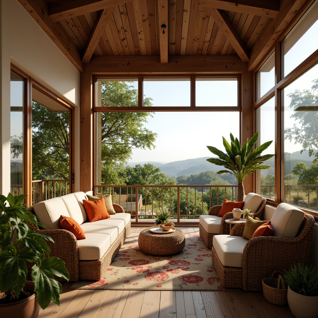 Prompt: Cozy sunroom, warm natural light, plush wicker furniture, soft cushions, vibrant throw pillows, rustic wooden accents, greenery plants, sliding glass doors, panoramic views, comfortable reading nooks, woven rattan chairs, nature-inspired textiles, earthy color palette, warm beige tones, refreshing breeze, calming ambiance, 1/2 composition, shallow depth of field, realistic wood textures, subtle shading.