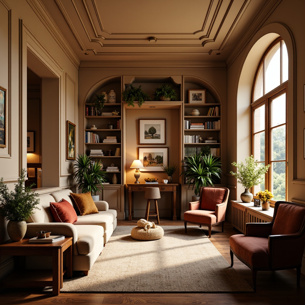 Prompt: Cozy craft room, warm beige walls, rich wood tones, ornate furniture, luxurious fabrics, soft warm lighting, table lamps, floor lamps, warm glow, golden accents, classic architectural details, decorative moldings, high ceilings, large windows, natural daylight, gentle shadows, 1/1 composition, realistic textures, ambient occlusion.