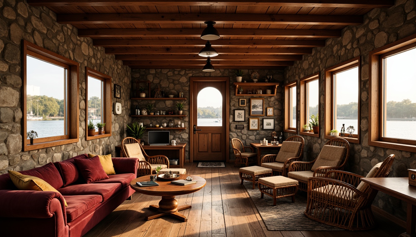 Prompt: Rustic boathouse interior, earthy tones, wooden accents, natural stone walls, vintage nautical decor, distressed wood furniture, plush velvet sofas, woven wicker chairs, vintage lanterns, metal hardware, rich leather armchairs, warm golden lighting, soft cozy atmosphere, shallow depth of field, 1/1 composition, realistic textures, ambient occlusion.