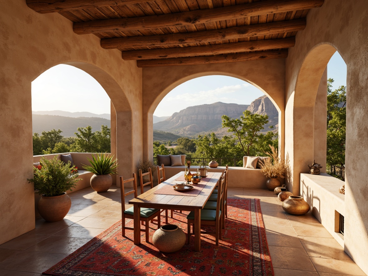 Prompt: Earthy Southwestern dining room, warm beige walls, rustic wooden furniture, turquoise accents, vibrant red and orange hues, natural stone flooring, woven textiles, patterned rugs, geometric pottery, adobe-inspired architecture, vast desert landscape views, sunny afternoon light, soft warm shadows, shallow depth of field, 1/1 composition, realistic textures, ambient occlusion.