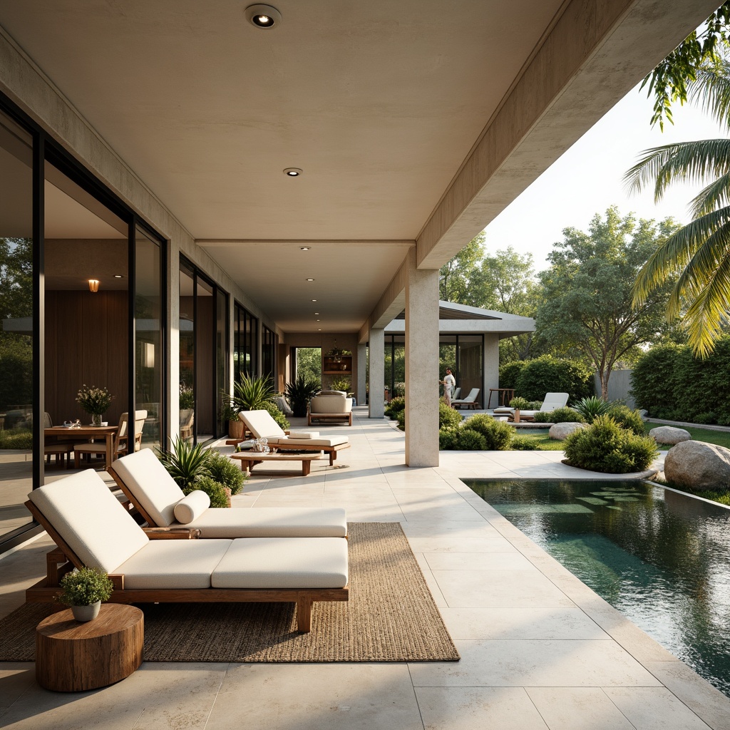 Prompt: Spacious open-plan pavilion, transitional style architecture, neutral color palette, natural stone floors, high ceilings, floor-to-ceiling windows, sliding glass doors, minimal ornamentation, curved lines, soft warm lighting, lush greenery, tropical plants, water features, outdoor seating areas, wooden accents, rattan furniture, natural textiles, earthy tones, organic shapes, serene ambiance, shallow depth of field, 1/2 composition, realistic textures, ambient occlusion.