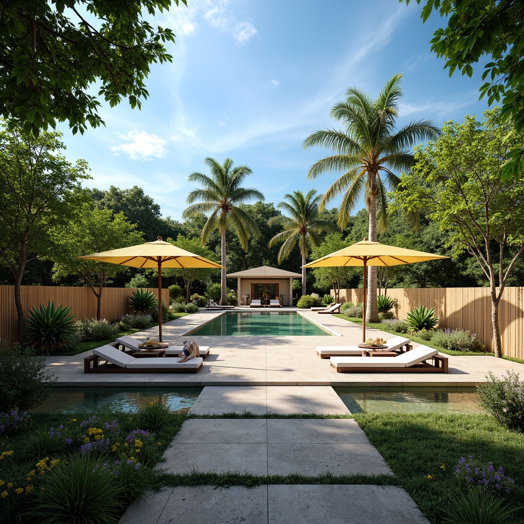 Prompt: Lush greenery, tropical plants, palm trees, sunny day, clear blue sky, serene atmosphere, modern pool deck, sleek lounge chairs, colorful umbrellas, refreshing water features, natural stone walkways, wooden fencing, rustic outdoor decor, warm lighting, shallow depth of field, 3/4 composition, panoramic view, realistic textures, ambient occlusion.