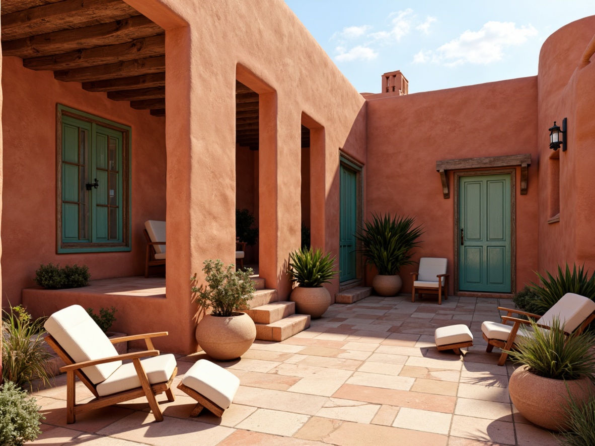 Prompt: Adobe earth tones, terracotta reds, sandy beiges, turquoise accents, weathered wood textures, natural stone walls, curved architecture, southwestern patterns, geometric motifs, vibrant cultural colors, warm sunny day, soft ambient lighting, shallow depth of field, 1/1 composition, realistic renderings, detailed textures, ambient occlusion.