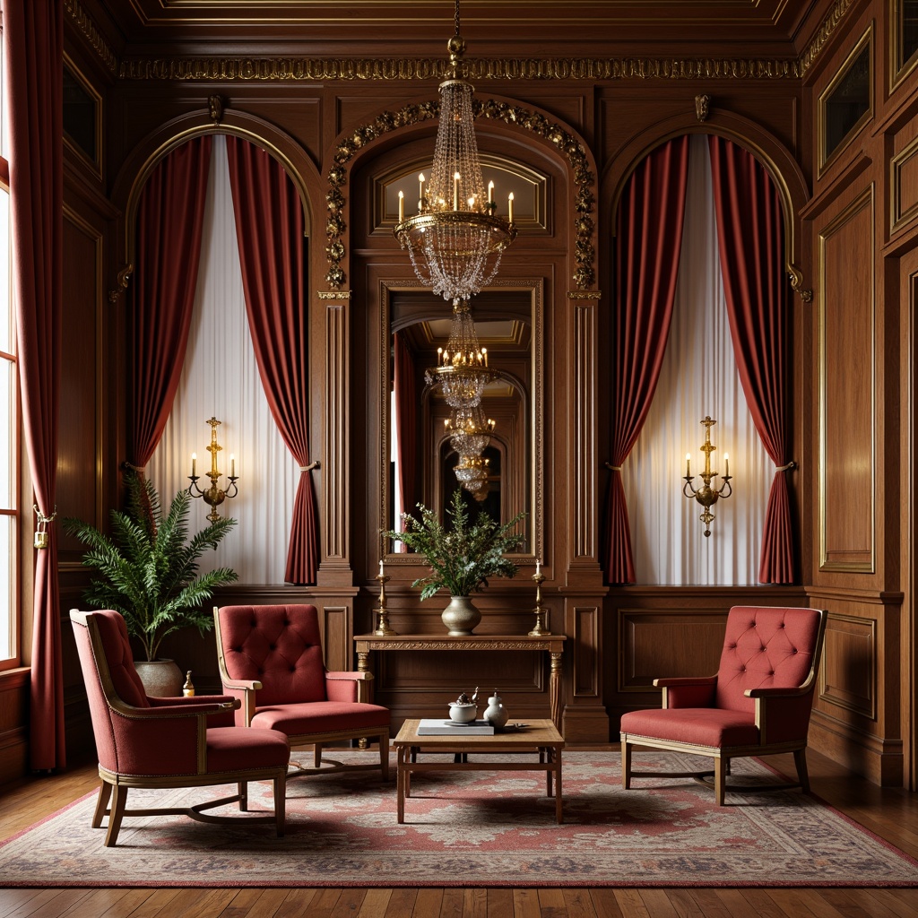 Prompt: Elegant neoclassical interior, rich wood tones, ornate carvings, luxurious velvet upholstery, tufted leather armchairs, gilded accents, intricate moldings, refined proportions, symmetrical compositions, soft warm lighting, subtle texture variations, realistic reflections, 1/1 composition, detailed ornaments, classic motifs, sophisticated ambiance.