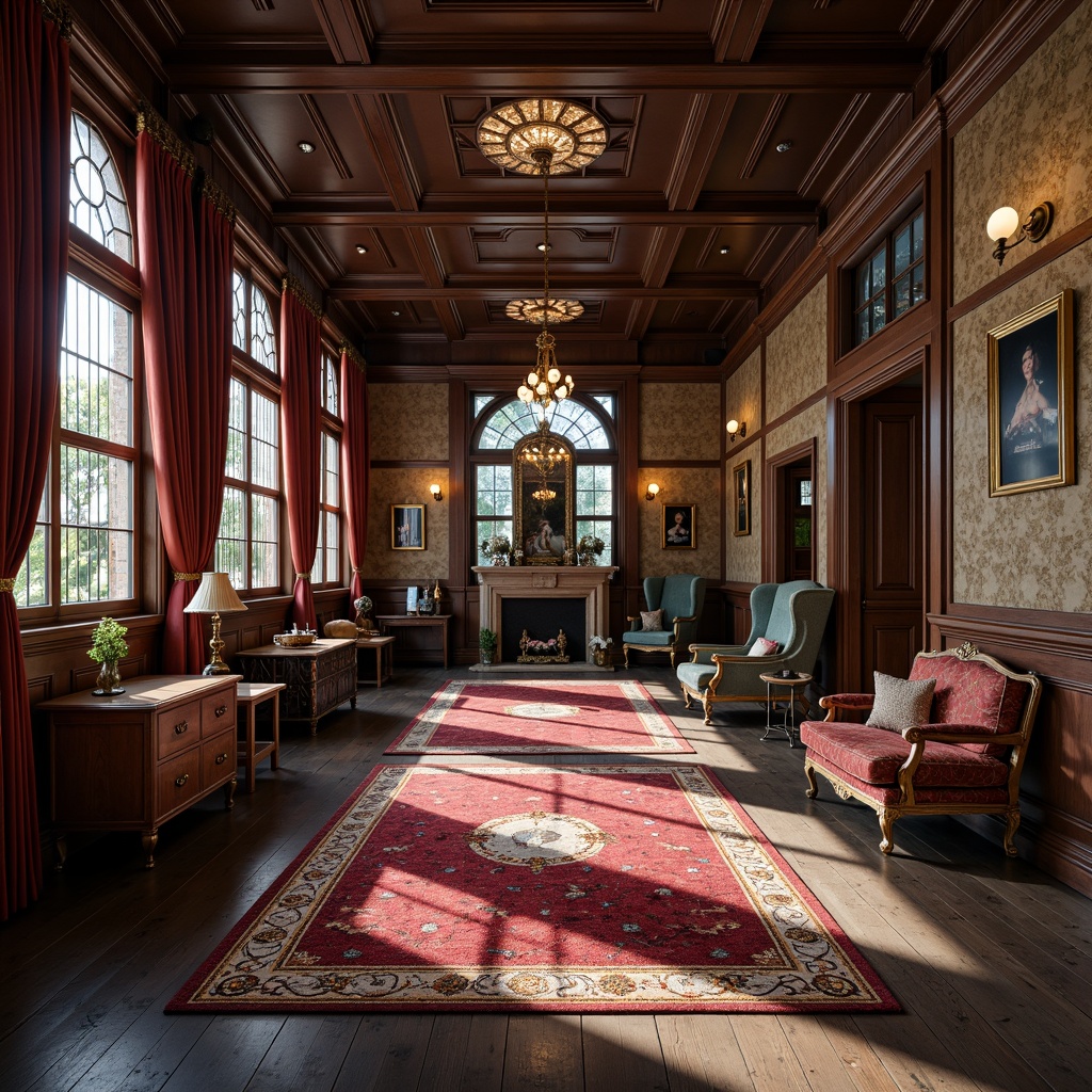 Prompt: Richly patterned carpet, dark hardwood flooring, distressed wooden planks, ornate tile mosaics, vintage-inspired sports equipment, antique furniture pieces, heavy drapery, luxurious fabrics, intricate moldings, high ceilings, stained glass windows, warm ambient lighting, 1/2 composition, shallow depth of field, realistic textures, ambient occlusion.