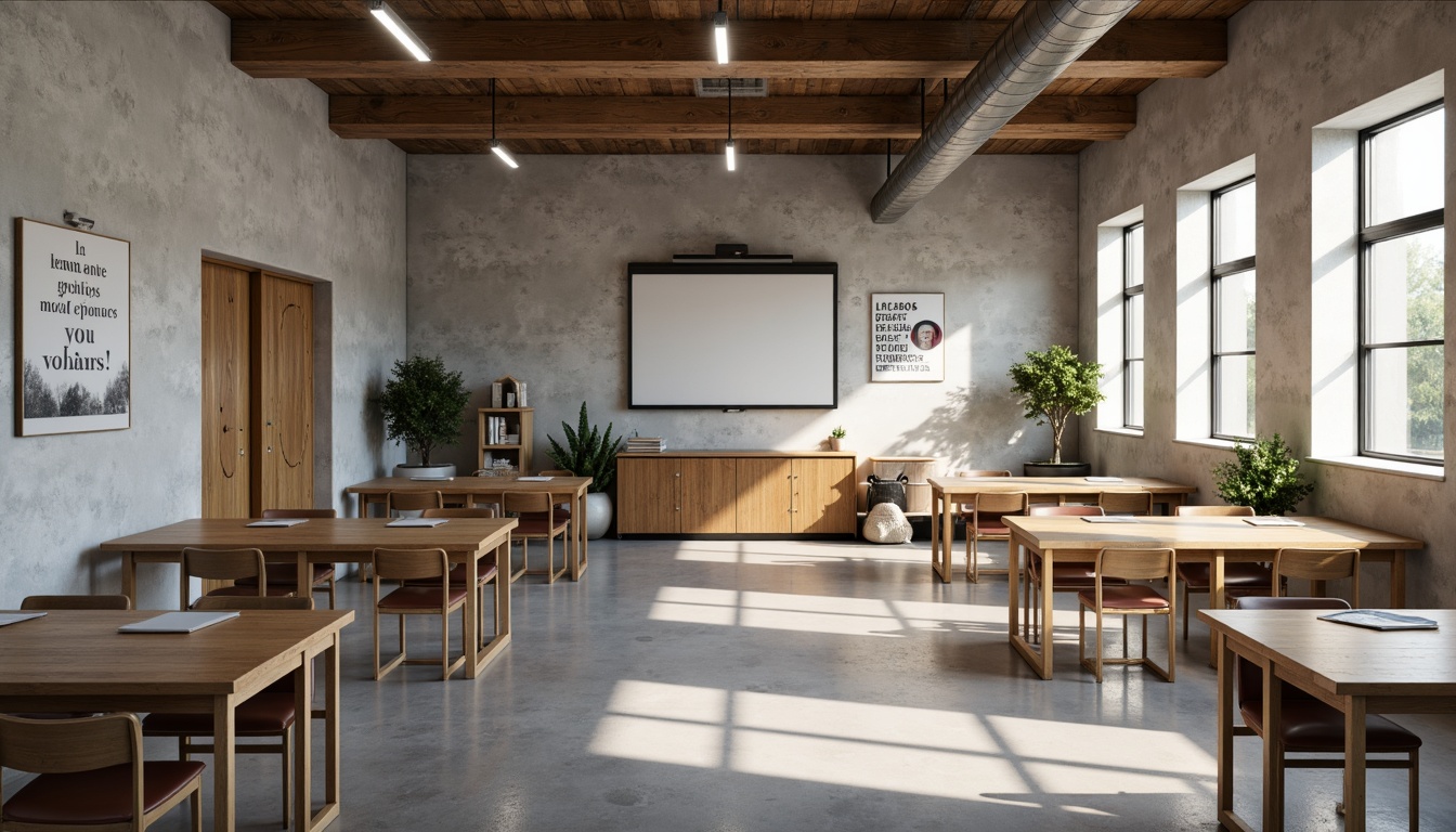 Prompt: Minimalist classroom interior, polished concrete floors, textured walls, industrial-style lighting, simple wooden desks, ergonomic chairs, abstract geometric patterns, muted color palette, natural materials, reclaimed wood accents, subtle branding elements, inspirational quotes, motivational posters, soft warm lighting, shallow depth of field, 1/1 composition, realistic textures, ambient occlusion.