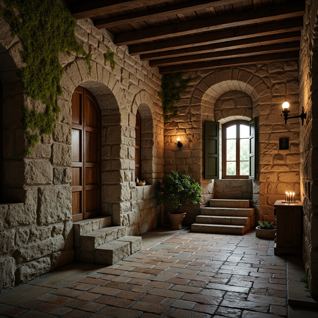 Prompt: Rustic monastery walls, weathered stone surfaces, moss-covered facades, arched windows, wooden shutters, distressed wood accents, earthy color palette, natural stone flooring, worn brick pathways, candle-lit ambiance, soft warm lighting, subtle shadows, 1/1 composition, intimate framing, realistic textures, ambient occlusion.