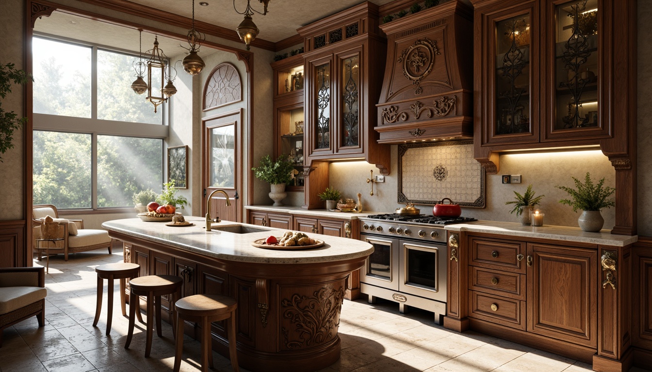 Prompt: Intricate kitchen island, curved wooden cabinetry, ornate metal fixtures, flowing organic shapes, sinuous lines, botanical motifs, luxurious marble countertops, rich walnut wood tones, soft warm lighting, atmospheric mist, 1/1 composition, shallow depth of field, realistic textures, ambient occlusion, elegant ceramic tiles, vintage-inspired appliances, decorative moldings, carved wooden decorations, ornamental metalwork, lavish velvet upholstery.