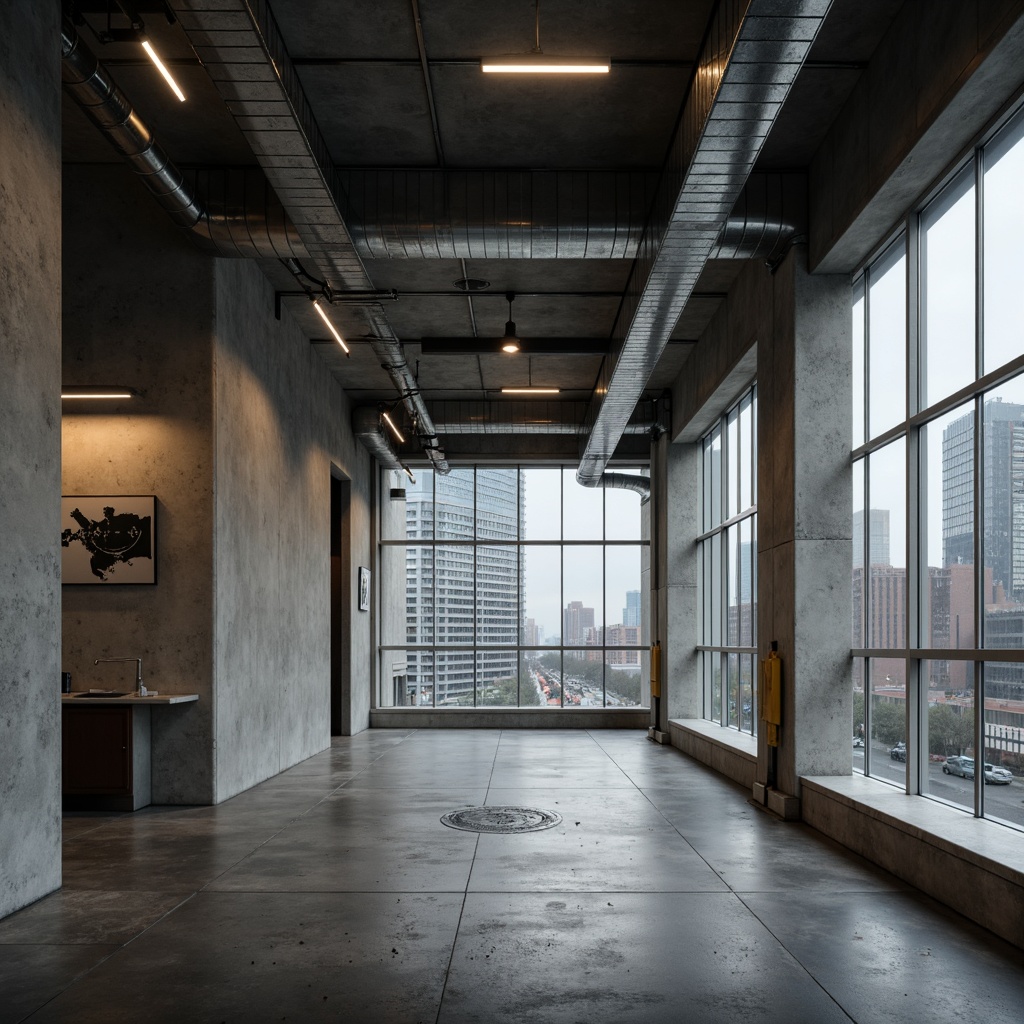 Prompt: Raw concrete walls, exposed ductwork, industrial metal beams, minimalist ornamentation, brutalist architectural style, large floor-to-ceiling windows, rectangular window frames, steel window mullions, industrial-style lighting fixtures, urban cityscape views, gloomy overcast skies, dramatic shadow effects, high-contrast lighting, 2/3 composition, symmetrical balance, realistic material textures, ambient occlusion.