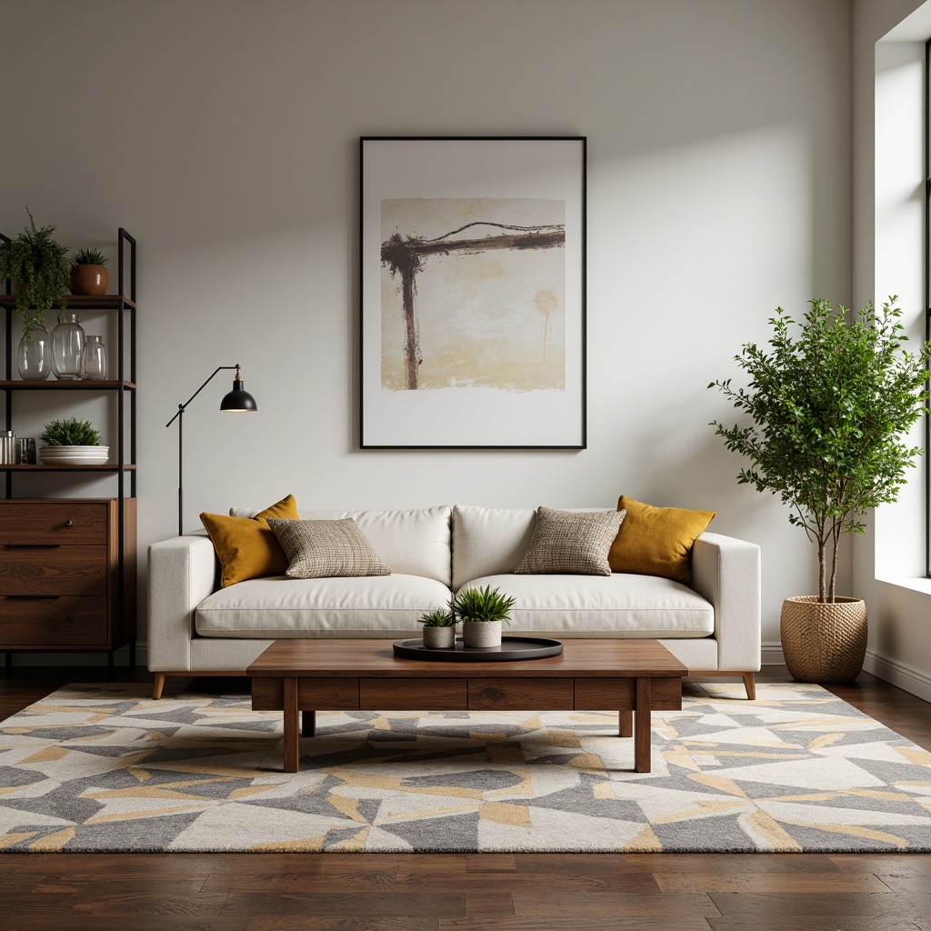 Prompt: Elegant minimalist living room, sleek low-profile sofa, rich walnut wood coffee table, geometric patterned rug, modern floor lamp, industrial metal shelves, decorative glass vases, lush green potted plants, soft warm lighting, shallow depth of field, 1/1 composition, realistic textures, ambient occlusion.