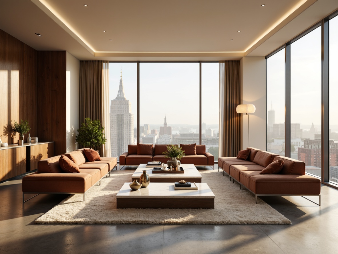 Prompt: Luxurious living room, sleek low-profile furniture, polished chrome legs, tufted velvet sofas, rich walnut wood accents, marble coffee tables, metallic silver lighting fixtures, soft cream-colored walls, plush area rugs, modern minimalist decor, natural stone flooring, floor-to-ceiling windows, cityscape views, warm golden lighting, shallow depth of field, 1/1 composition, realistic reflections.