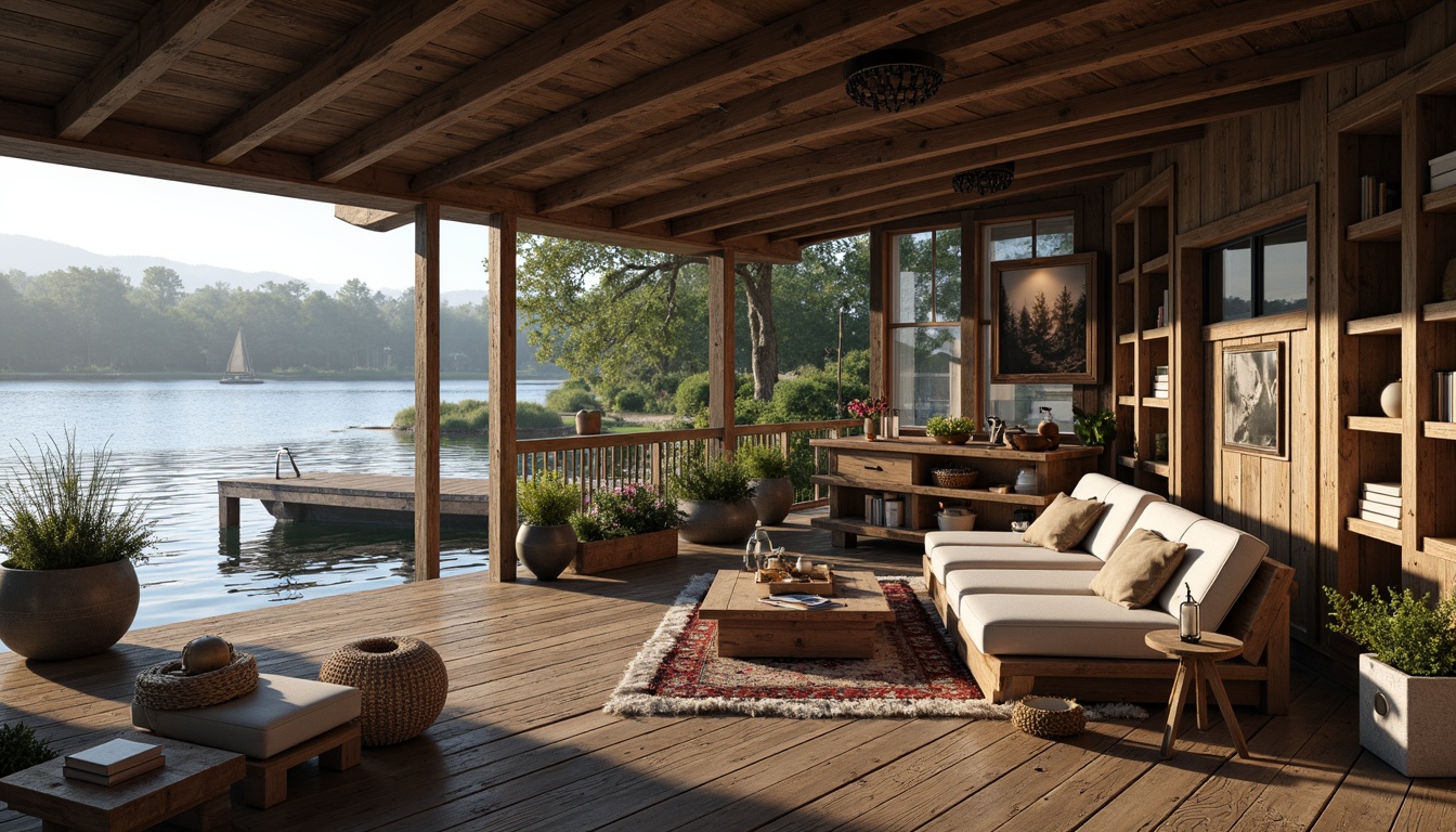 Prompt: Rustic boathouse, wooden docks, serene lake views, natural stone walls, earthy tones, reclaimed wood accents, vintage nautical decor, cozy reading nooks, plush textiles, warm candlelight, soft diffused lighting, large windows, sliding glass doors, outdoor living spaces, lush greenery, blooming flowers, misty morning atmosphere, gentle water reflections, 1/1 composition, shallow depth of field, realistic textures, ambient occlusion.