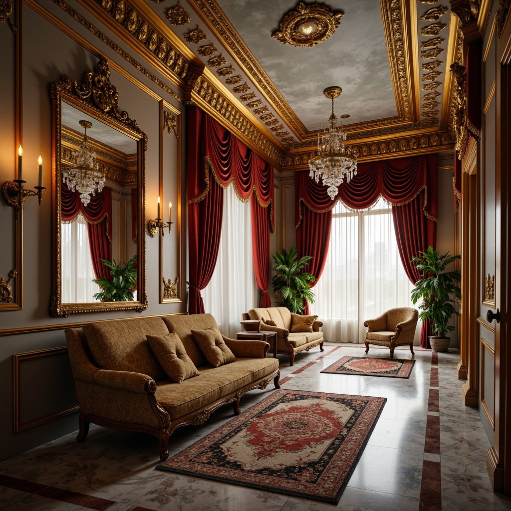 Prompt: Luxurious Rococo-style apartment, ornate gold accents, intricately carved wooden furnishings, lavish velvet drapes, crystal chandeliers, marble floors, decorative mirrors, ornamental plasterwork, delicate fresco ceilings, richly patterned rugs, antique furniture pieces, soft warm lighting, shallow depth of field, 1/2 composition, intimate atmosphere, realistic textures, ambient occlusion.