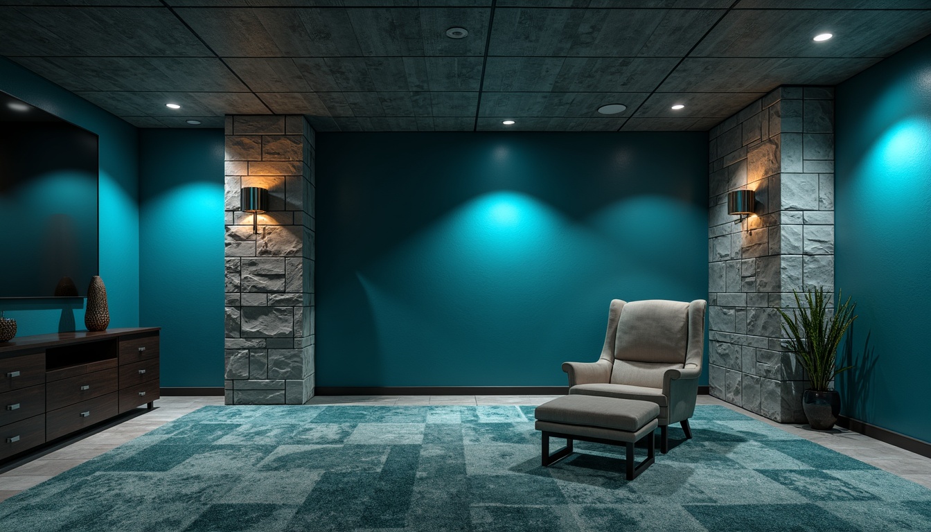 Prompt: Cerulean blue basement walls, cozy atmosphere, warm lighting, plush carpets, modern furniture, sleek metal accents, stone-textured columns, minimalist decor, hidden LED lights, ambient shadows, subtle gradient effects, 1/1 composition, shallow depth of field, realistic renderings.