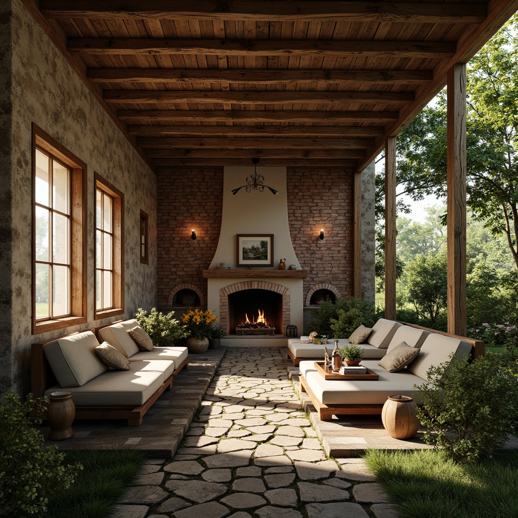 Prompt: Rustic cottage, exposed brick walls, earthy tones, weathered wooden beams, vintage windows, distressed textures, cozy fireplace, soft warm lighting, natural stone pathways, lush greenery, blooming wildflowers, serene countryside, shallow depth of field, 3/4 composition, realistic details, ambient occlusion.