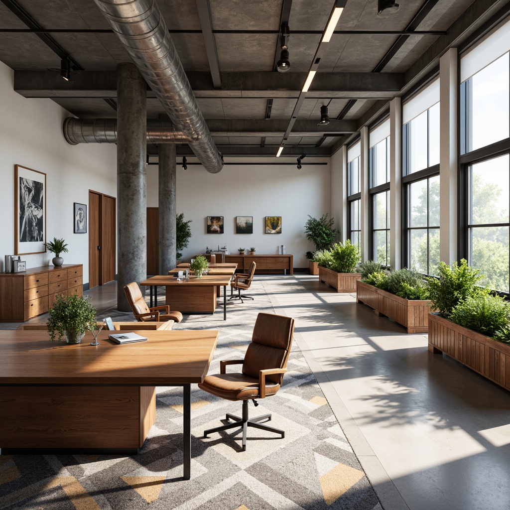 Prompt: Open-plan office space, mid-century modern furniture, wooden desks, ergonomic chairs, geometric-patterned rugs, floor-to-ceiling windows, natural light, minimalist decor, industrial-style lighting fixtures, reclaimed wood accents, greenery-filled planters, abstract artwork, neutral color palette, 3/4 composition, symmetrical framing, softbox lighting, realistic textures, ambient occlusion.