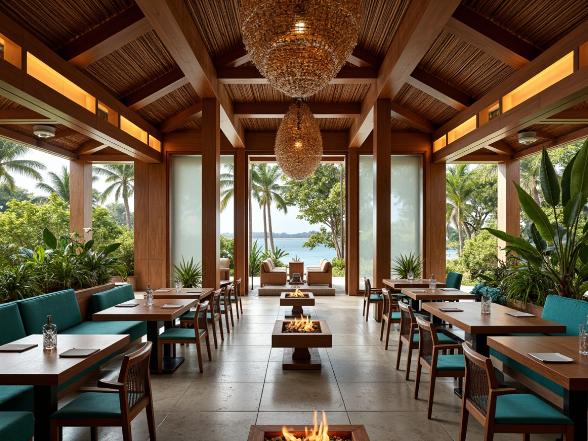 Prompt: Tropical dining hall, exotic wood accents, rich teak furniture, polished chrome fixtures, woven rattan ceiling, natural fiber textiles, vibrant turquoise upholstery, warm LED lighting, subtle gradient glass walls, organic stone flooring, lush greenery surroundings, ocean breeze atmosphere, soft diffused sunlight, 1/1 composition, shallow depth of field, realistic reflections.