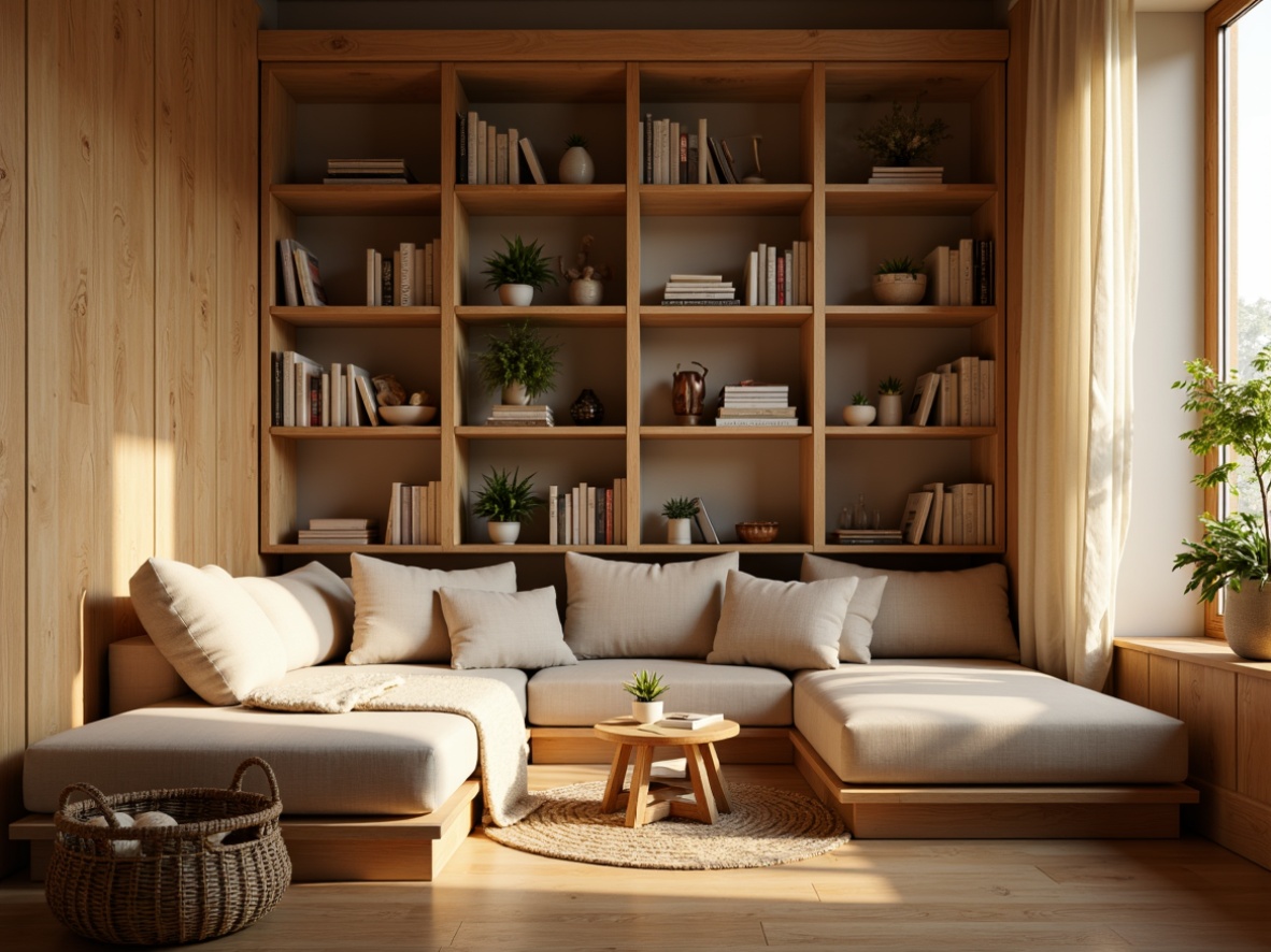 Prompt: Cozy reading nook, warm beige tones, plush pillows, comfortable seating, soft golden lighting, wooden bookshelves, minimalist decor, calming atmosphere, natural textiles, woven baskets, potted plants, intimate scale, 1/2 composition, shallow depth of field, realistic wood grain, subtle shadowing.