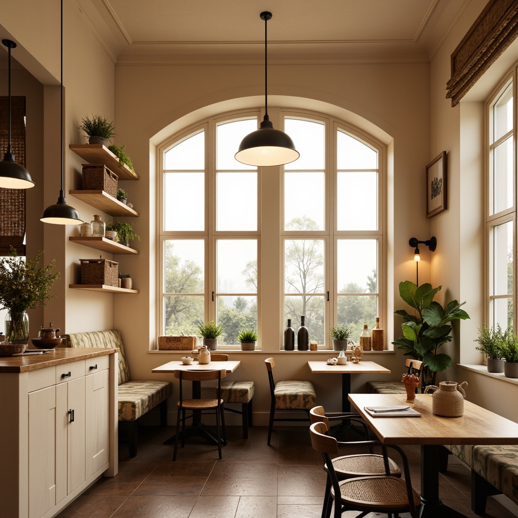 Prompt: Cozy breakfast nook, warm beige walls, soft cream-colored cabinets, rustic wooden tables, vintage metal chairs, bright pendant lights, modern farmhouse fixtures, frosted glass shades, polished chrome accents, natural linen curtains, woven wicker baskets, morning sunlight, gentle warm glow, 1/2 composition, intimate atmosphere, realistic textures.