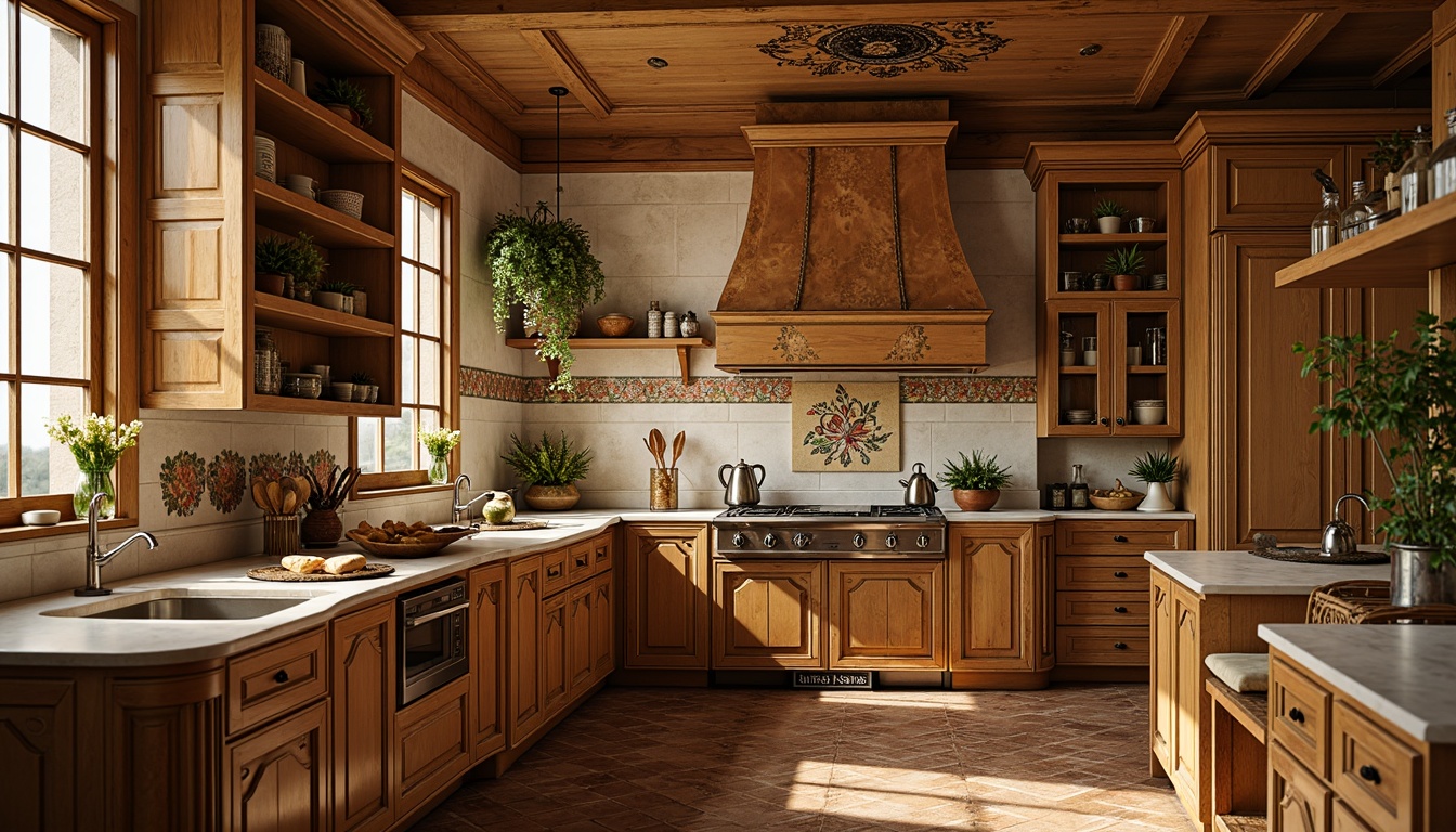 Prompt: Art Nouveau kitchen, sinuous lines, organic forms, flowing curves, warm earthy tones, ceramic tiles, hand-painted majolica, ornate metalwork, floral patterns, botanical motifs, rich wood accents, honey-colored hardwood, distressed finishes, vintage charm, soft warm lighting, shallow depth of field, 1/1 composition, realistic textures, ambient occlusion.