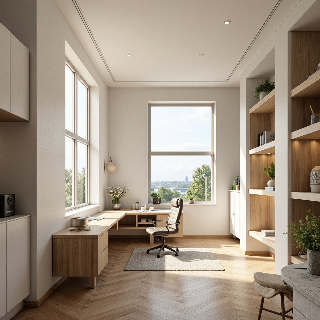 Prompt: Minimalist home office, sleek desk, ergonomic chair, modern task lamp, floor-to-ceiling windows, natural wood flooring, creamy white walls, subtle texture, geometric patterns, built-in shelving, organized storage, greenery accents, soft warm lighting, shallow depth of field, 3/4 composition, realistic textures, ambient occlusion.