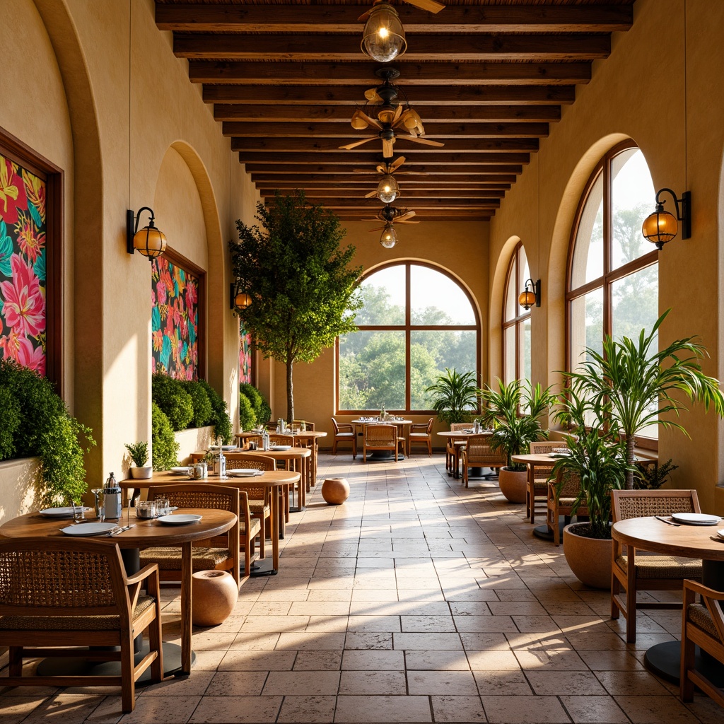 Prompt: Vibrant tropical dining hall, warm beige walls, rich wooden accents, lush greenery, exotic floral patterns, bright coral pink, sunny yellow, turquoise blue, natural textiles, woven rattan furniture, earthy terracotta pots, hanging lanterns, soft warm lighting, shallow depth of field, 3/4 composition, panoramic view, realistic textures, ambient occlusion.