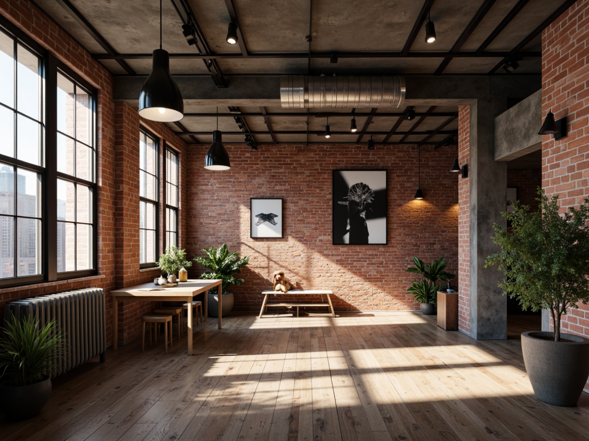 Prompt: Exposed brick walls, metal beams, reclaimed wood floors, industrial chic atmosphere, modern art pieces, sleek black lighting fixtures, minimalist pendant lamps, Edison bulb chandeliers, polished concrete ceilings, urban loft ambiance, natural light pouring in, dramatic shadows, contrasty high-key lighting, 1/1 composition, symmetrical framing, softbox diffused lighting, realistic metallic textures, ambient occlusion.