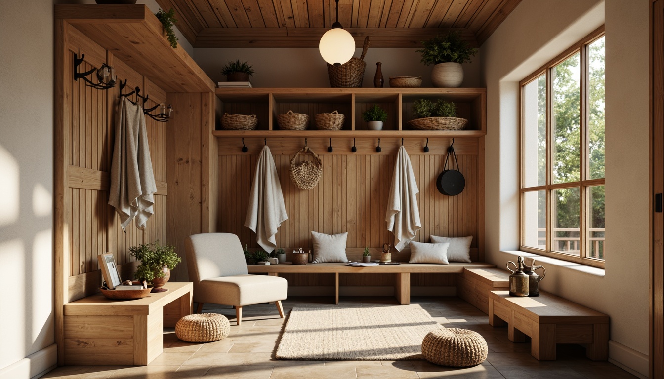 Prompt: Cozy mudroom, warm earthy tones, rich wood accents, soft beige walls, natural stone floors, comfortable seating areas, rustic metal hooks, woven baskets, vintage outdoor gear, warm pendant lighting, shallow depth of field, 2/3 composition, realistic textures, ambient occlusion.