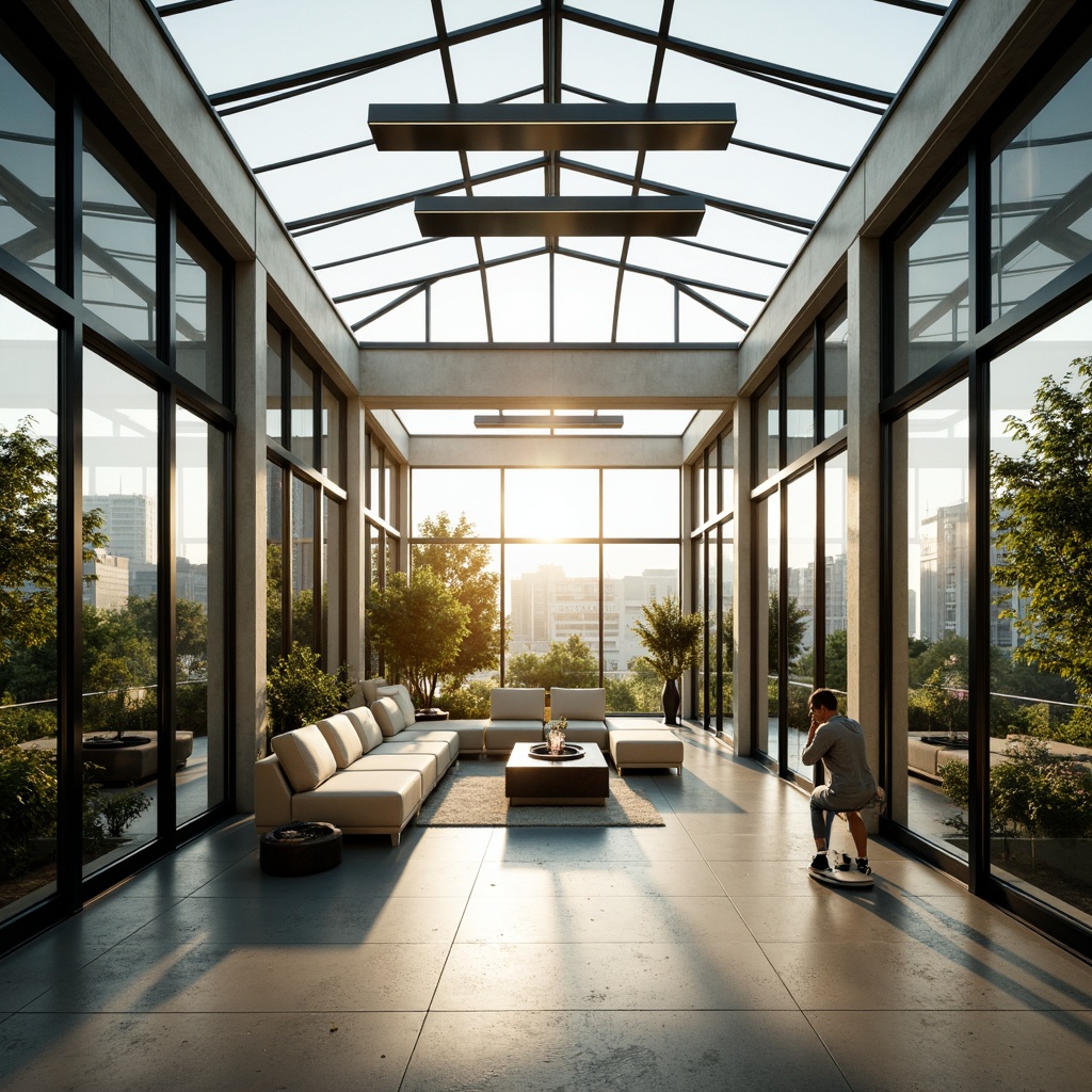 Prompt: Sun-drenched sunroom, futuristic architecture, sleek metal frames, minimalist design, vast open space, floor-to-ceiling glass walls, transparent roofing, skylights, clerestory windows, solar tubes, automated shades, reflective surfaces, polished chrome accents, modern furniture, low-profile seating, geometric patterns, ambient lighting, soft warm glow, shallow depth of field, 3/4 composition, panoramic view, realistic textures, ambient occlusion.