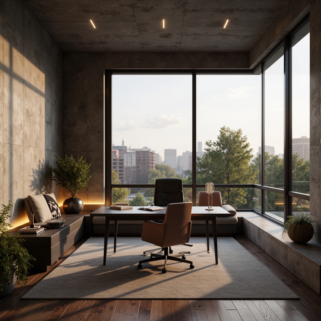 Prompt: Streamlined modern home office, sleek minimalist desk, ergonomic chair, floor-to-ceiling windows, natural daylight, soft warm glow, table lamps, indirect lighting, LED strip lights, ambient illumination, textured concrete walls, polished wood floors, metallic accents, geometric patterns, 3/4 composition, shallow depth of field, realistic render, atmospheric occlusion.Let me know if you need any adjustments!