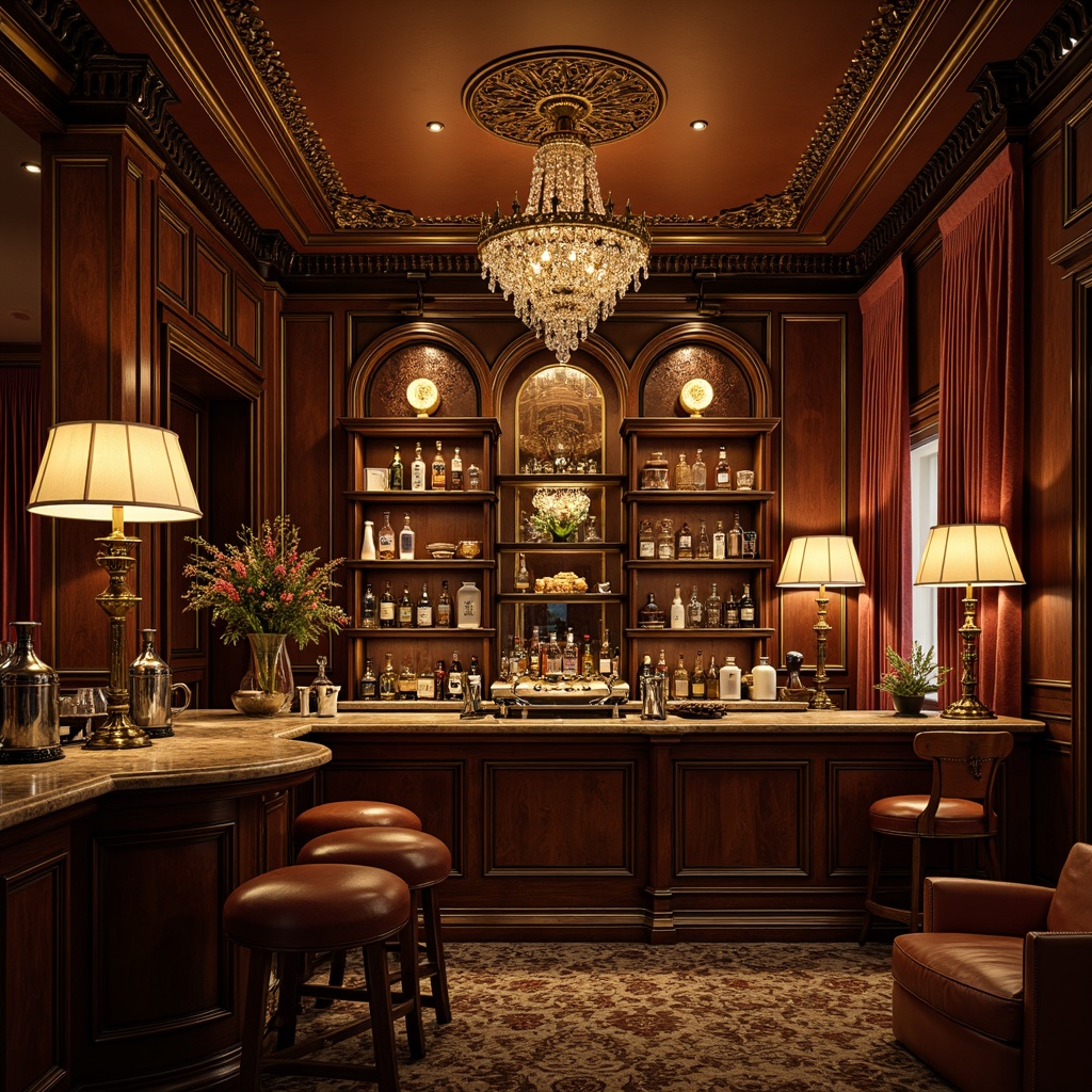 Prompt: Luxurious home bar, rich wood tones, ornate metalwork, velvet drapes, crystal chandeliers, marble countertops, leather stools, vintage cocktail shakers, antique glassware, warm golden lighting, intimate ambiance, dimmable lamps, 3/4 composition, shallow depth of field, realistic textures, ambient occlusion.