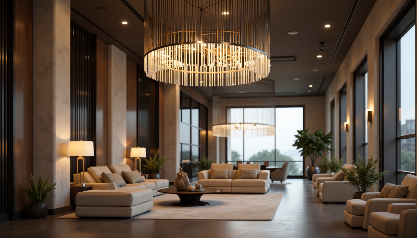 Prompt: Modern luxury interior, elegant chandeliers, sleek metal fixtures, crystal drops, soft warm glow, recessed lighting, floor lamps, minimalist design, neutral color palette, high ceilings, large windows, natural light, ambient illumination, 1/1 composition, shallow depth of field, realistic textures, subtle shading.