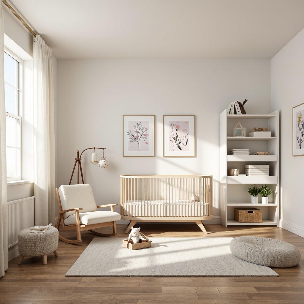 Prompt: Minimalist baby nursery, streamline modern furniture, curved crib, rounded edges, soft pastel colors, creamy whites, warm wood tones, plush area rug, gentle texture, subtle patterns, delicate mobiles, cozy reading nook, comfortable glider, natural light, sheer curtains, botanical prints, whimsical wall art, soft focus, shallow depth of field, 1/2 composition, intimate atmosphere, realistic fabrics, ambient occlusion.