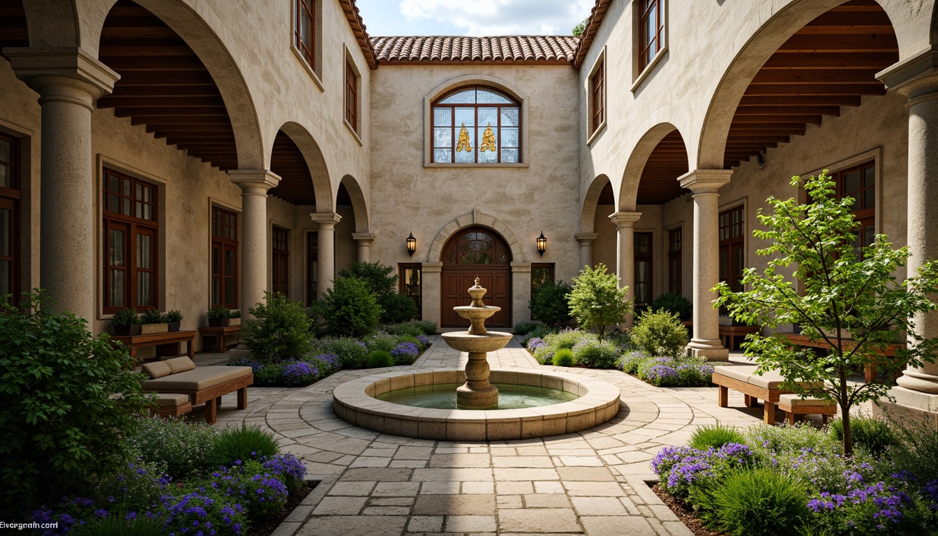 Prompt: Serene monastery courtyard, natural stone walls, wooden benches, ornate fountain, lush greenery, vibrant flowers, stained glass windows, rustic doorways, vaulted ceilings, soft warm lighting, shallow depth of field, 3/4 composition, panoramic view, realistic textures, ambient occlusion, tranquil atmosphere, spiritual ambiance, subtle color palette, earthy tones, weathered wood accents, subtle ornaments, peaceful silence.