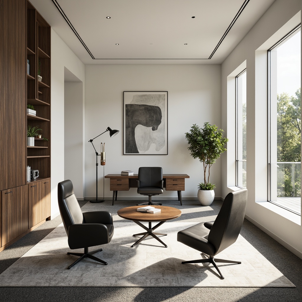 Prompt: Monochromatic home office, sleek streamline modern furniture, polished chrome accents, rich walnut wood tones, creamy white walls, soft gray carpeting, geometric patterns, minimalist decor, ample natural light, floor-to-ceiling windows, 1/1 composition, warm afternoon sunlight, shallow depth of field, realistic textures, ambient occlusion.