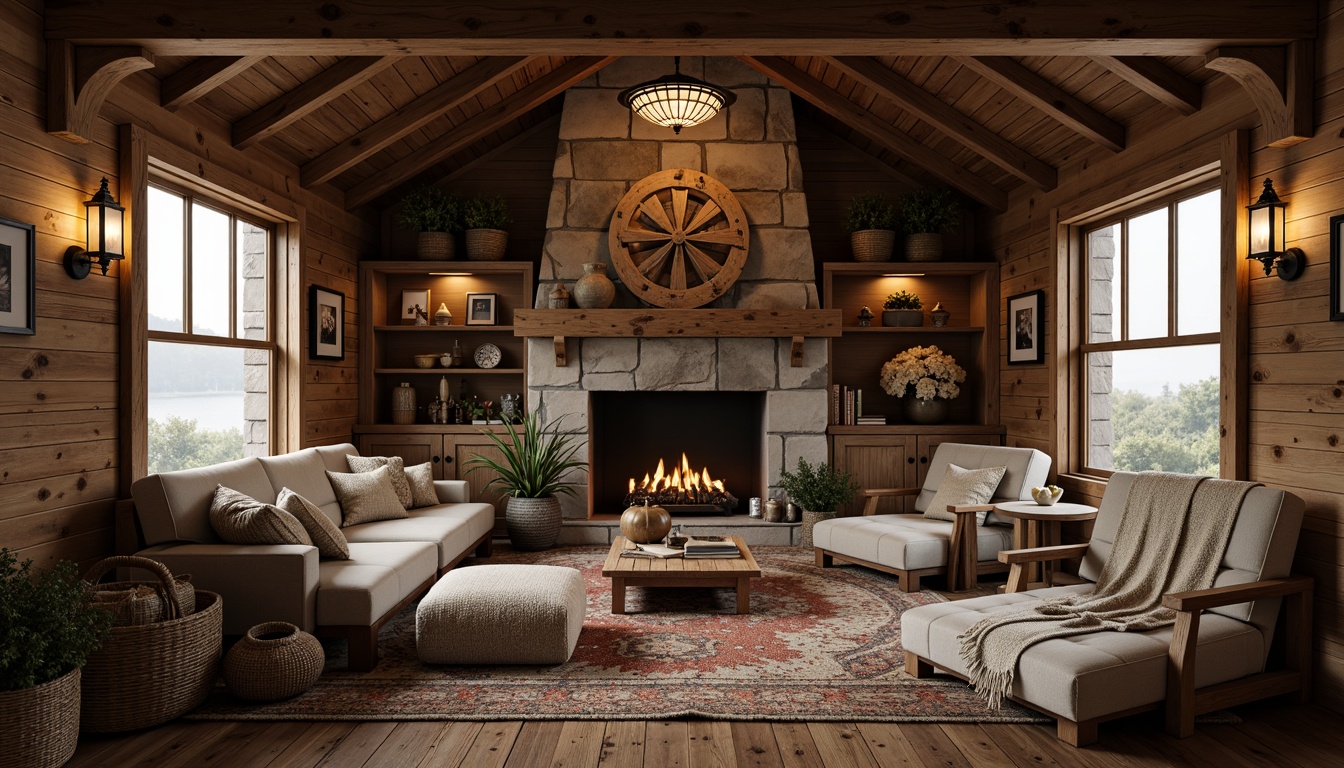 Prompt: Rustic boathouse interior, earthy tone palette, wooden accents, natural textiles, woven baskets, vintage nautical decor, distressed wood furniture, stone fireplace, cozy reading nooks, plush throw blankets, lantern-style lighting, warm candlelight, 1/1 composition, shallow depth of field, soft warm glow, realistic wood textures, ambient occlusion.