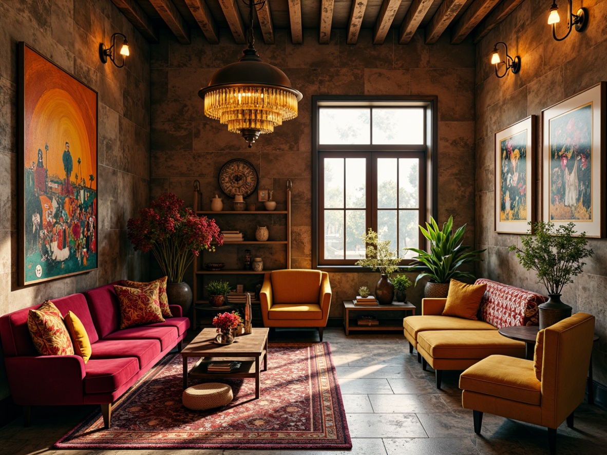 Prompt: Vibrant eclectic interior, bold color clashes, rich textures, mixed metallic accents, vintage furniture pieces, reclaimed wood elements, distressed finishes, abstract artwork, oversized decorative lighting, ornate patterns, Moroccan-inspired tiles, plush velvety fabrics, warm golden lighting, 1/2 composition, high contrast ratio, dramatic shadows, realistic reflections.