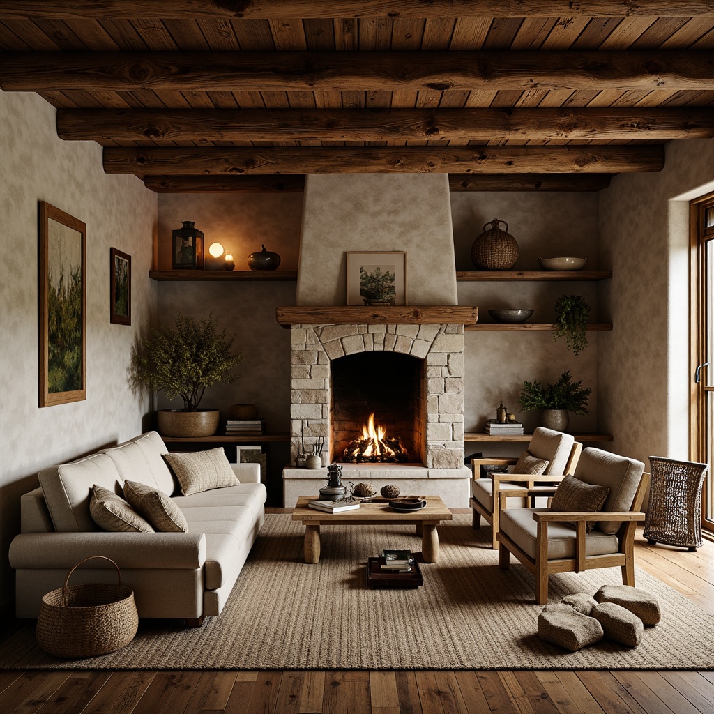 Prompt: Rustic cabin, earthy tone, natural stone walls, wooden accents, distressed wood beams, vintage furniture, cozy fireplace, warm ambient lighting, soft focus, shallow depth of field, 1/2 composition, earthy color palette, organic textures, rough-hewn wooden planks, woven baskets, plush throw blankets, nature-inspired decor.