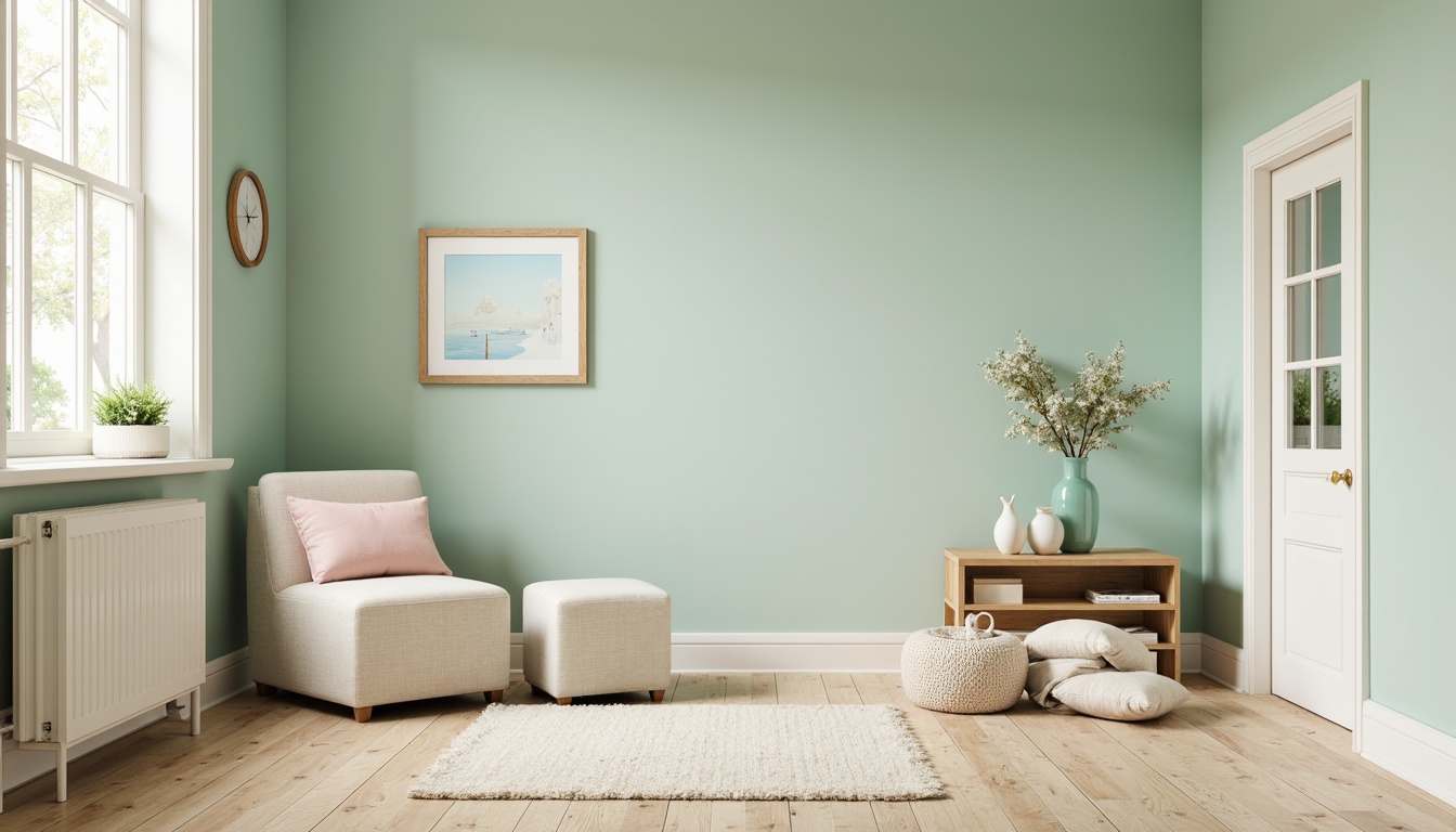 Prompt: Soft celadon walls, creamy white trim, warm beige floors, natural wood accents, minimalist decor, subtle color pops, pastel pink throw pillows, mint green vases, powder blue artwork, delicate florals, soft golden lighting, 1/1 composition, shallow depth of field, realistic textures, ambient occlusion.