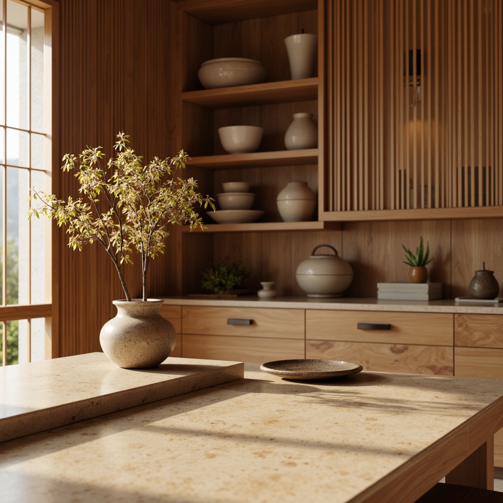 Prompt: Intricate wooden carvings, natural stone countertops, earthy tone granite, subtle wave patterns, warm beige marble, traditional Japanese-inspired designs, minimalist aesthetic, clean lines, simple ornamentation, soft warm lighting, shallow depth of field, 1/2 composition, realistic textures, ambient occlusion.