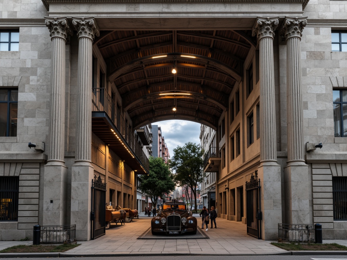 Prompt: Industrial factory building, neoclassical architecture style, ornate columns, rusticated stone walls, grand entrance gates, intricate metalwork details, large industrial windows, wooden beam ceilings, exposed brick interior, vintage machinery equipment, distressed concrete floors, urban cityscape background, cloudy gray sky, soft diffused lighting, shallow depth of field, 2/3 composition, realistic textures, ambient occlusion.