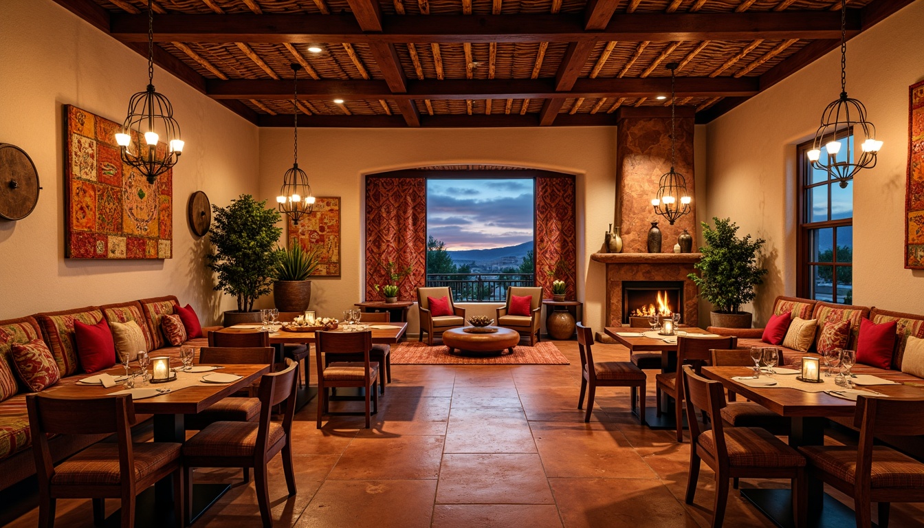 Prompt: Vibrant southwestern dining room, warm earthy tones, terracotta flooring, adobe-style architecture, rustic wooden furniture, colorful tapestries, woven baskets, clay pottery, ambient soft lighting, pendant lanterns, candlelit tables, cozy corner nooks, large windows, desert landscape views, dramatic sunsets, warm beige walls, rich turquoise accents, natural stone fireplaces, comfortable plush seating, intimate dinner settings, shallow depth of field, 3/4 composition, realistic textures.