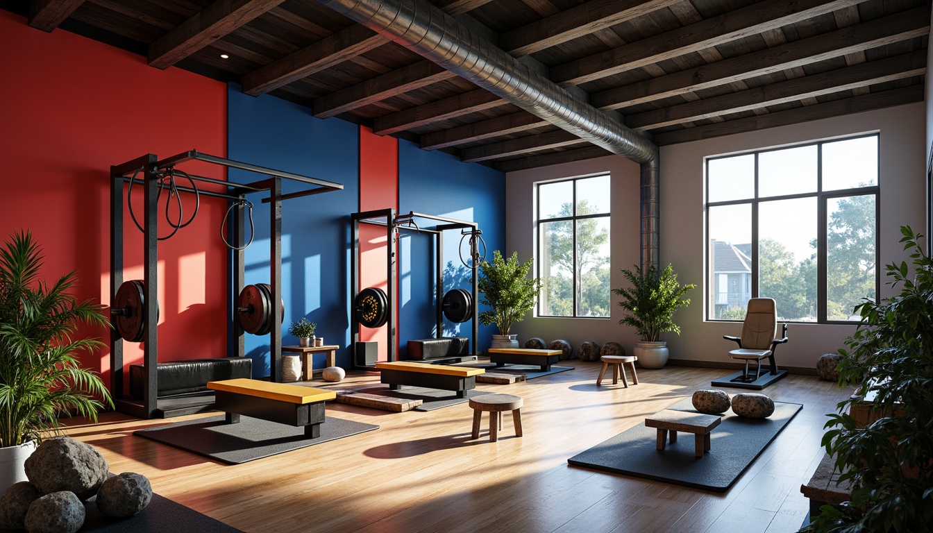 Prompt: Motivational home gym, bold color scheme, vibrant red walls, dynamic blue accents, energetic yellow equipment, sleek black machinery, industrial metal frames, reclaimed wood flooring, natural stone weights, modern minimalist decor, high ceilings, large windows, abundant natural light, softbox lighting, shallow depth of field, 1/1 composition, realistic textures, ambient occlusion.