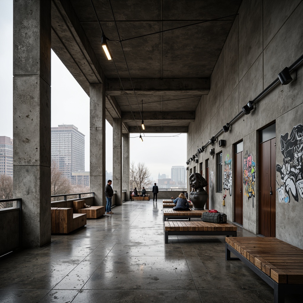 Prompt: Exposed concrete columns, industrial-style lighting fixtures, rugged metal benches, urban graffiti, distressed wood accents, brutalist-inspired sculptures, minimalist signage, functional modular seating, stainless steel handrails, raw concrete flooring, urban landscape views, dramatic high ceilings, moody atmospheric lighting, 1/1 composition, realistic textures, ambient occlusion.